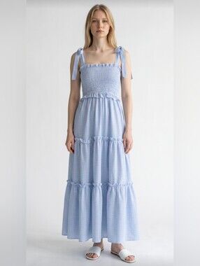 NWT! FLOERNS! BLUE, WHITE GINGHAM CHECKS, SEERSUCKER RUFFLED MAXI DRESS! SZ M